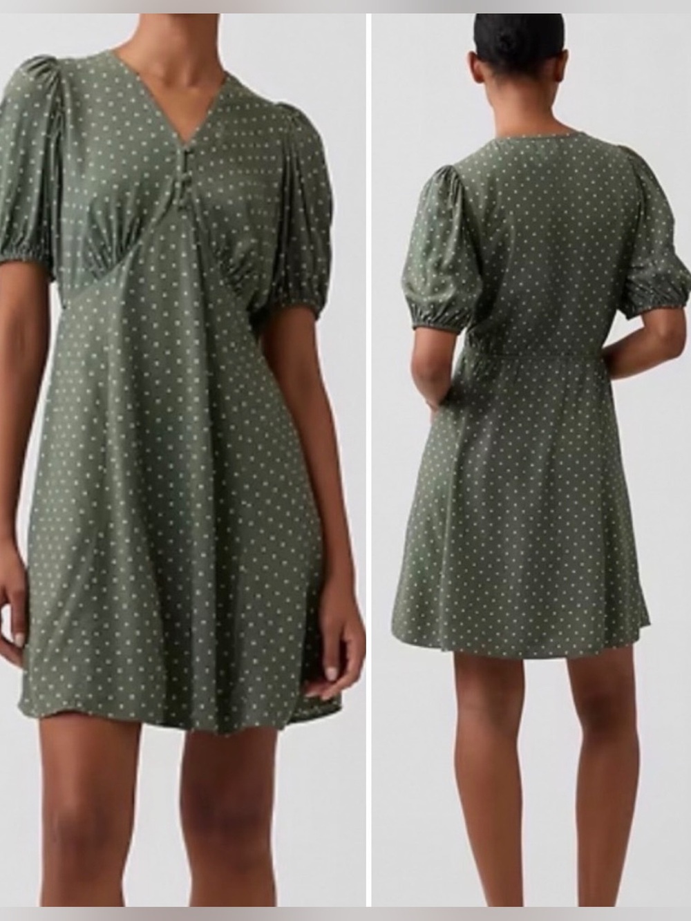 NWT GAP Puff Sleeve V-Neck Mini Dress in Olive Green Polka Dot Sz S